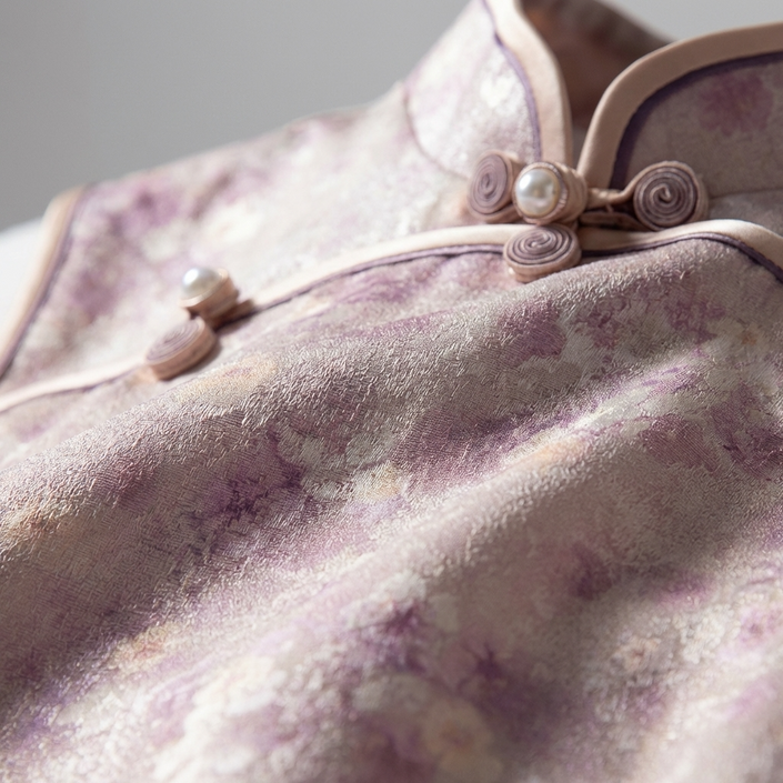 Pink Purple Floral Xiangyunsha Qipao |100% Mulberry Silk  Elegant Chinese Cheongsam Dress - Luxe Orienta CO., LIMITED