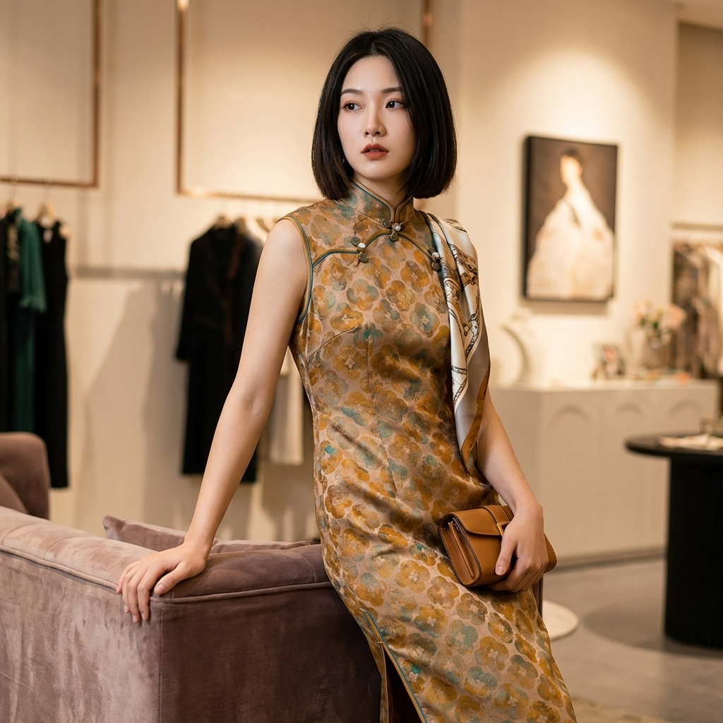Warm Brown Mulberry Silk Xiangyunsha Qipao | Floral Sleeveless Neo-Chinese Dress - LUXE ORIENTA - Luxe Orienta CO., LIMITED