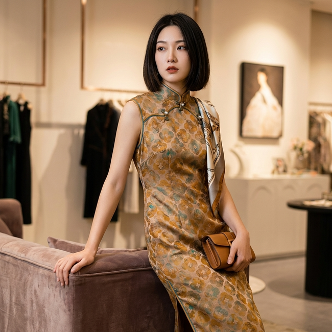 Warm Brown Mulberry Silk Xiangyunsha Qipao | Floral Sleeveless Neo-Chinese Dress - LUXE ORIENTA - Luxe Orienta CO., LIMITED