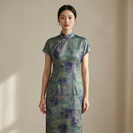 100% Mulberry Silk Xiangyunsha Dark Green Purple Rose Short Sleeve Qipao Dress | LUXE ORIENTA - Luxe Orienta CO., LIMITED