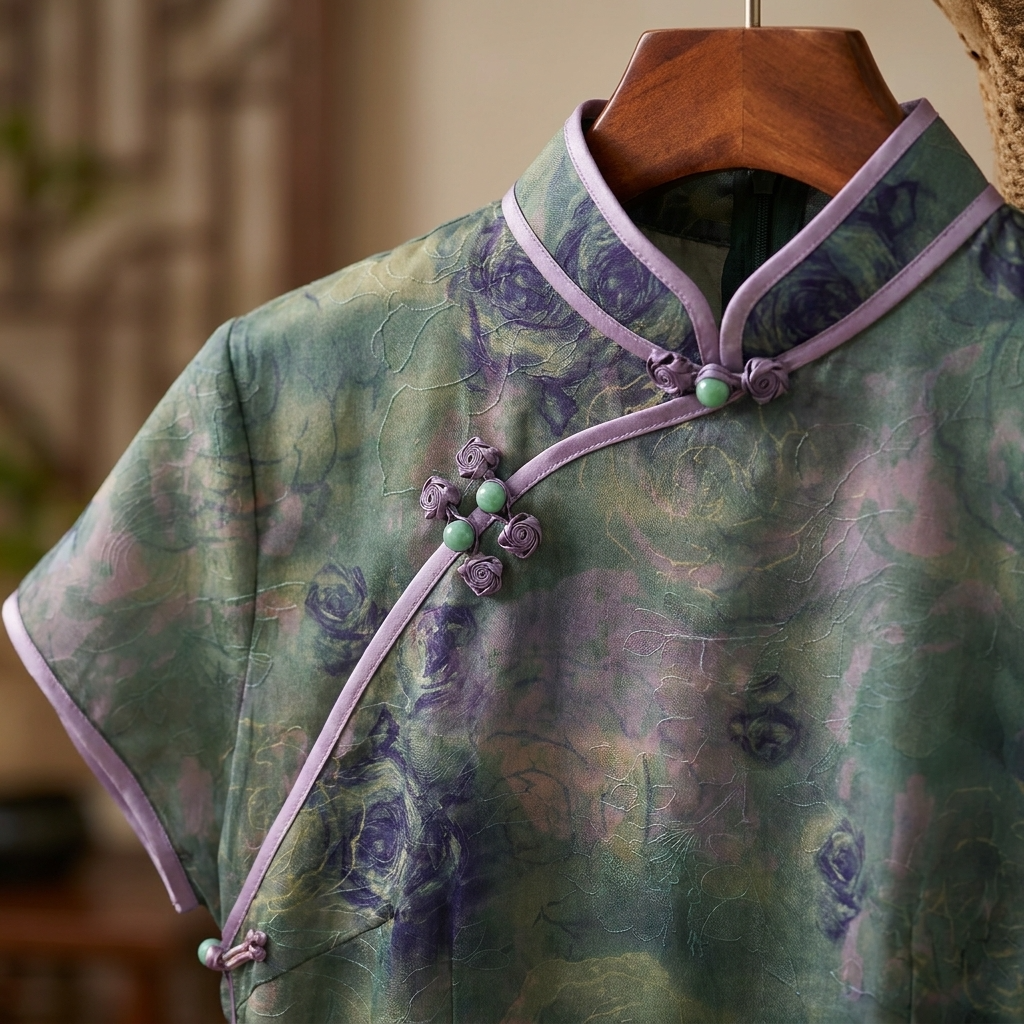 100% Mulberry Silk Xiangyunsha Dark Green Purple Rose Short Sleeve Qipao Dress | LUXE ORIENTA - Luxe Orienta CO., LIMITED