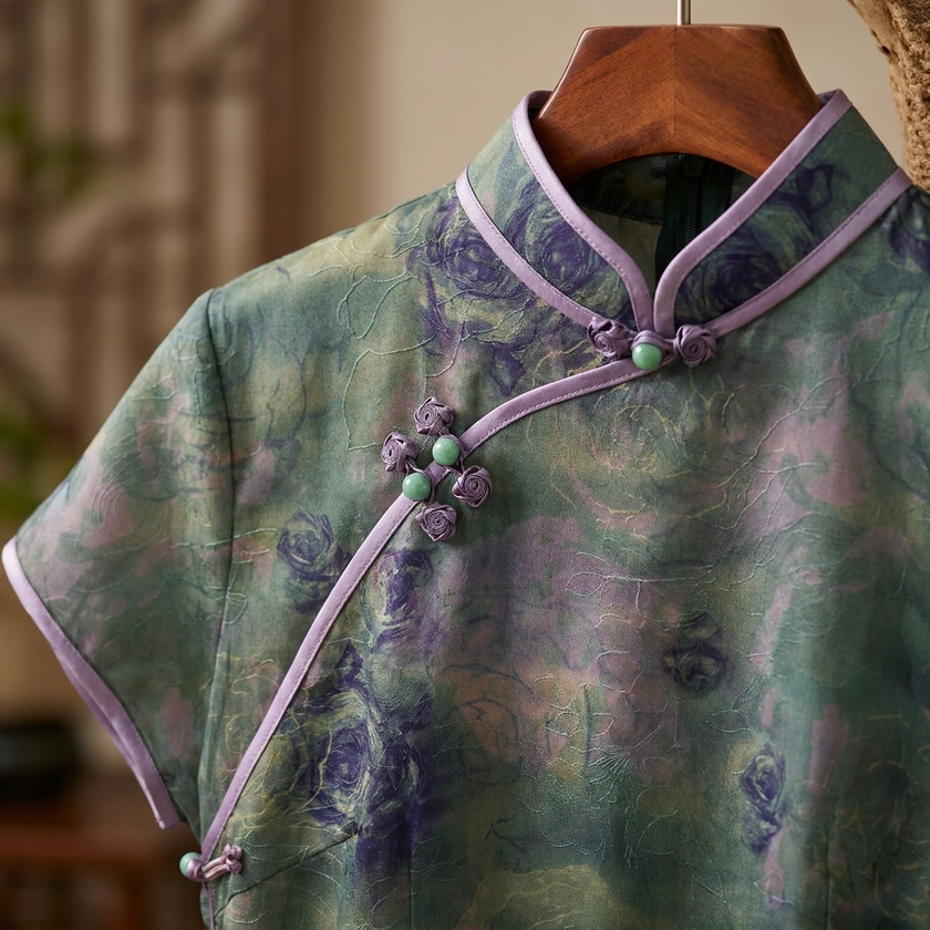 100% Mulberry Silk Xiangyunsha Dark Green Purple Rose Short Sleeve Qipao Dress | LUXE ORIENTA - Luxe Orienta CO., LIMITED