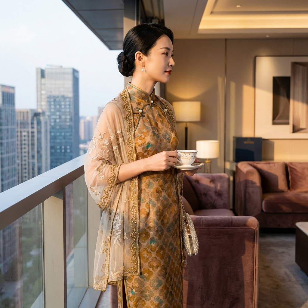 Warm Brown Mulberry Silk Xiangyunsha Qipao | Floral Sleeveless Neo-Chinese Dress - LUXE ORIENTA - Luxe Orienta CO., LIMITED