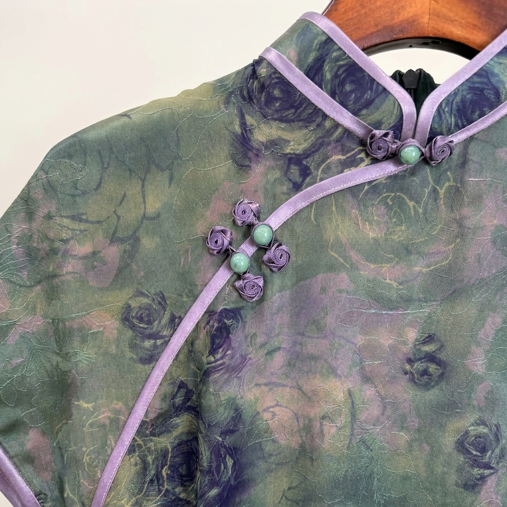 100% Mulberry Silk Xiangyunsha Dark Green Purple Rose Short Sleeve Qipao Dress | LUXE ORIENTA - Luxe Orienta CO., LIMITED