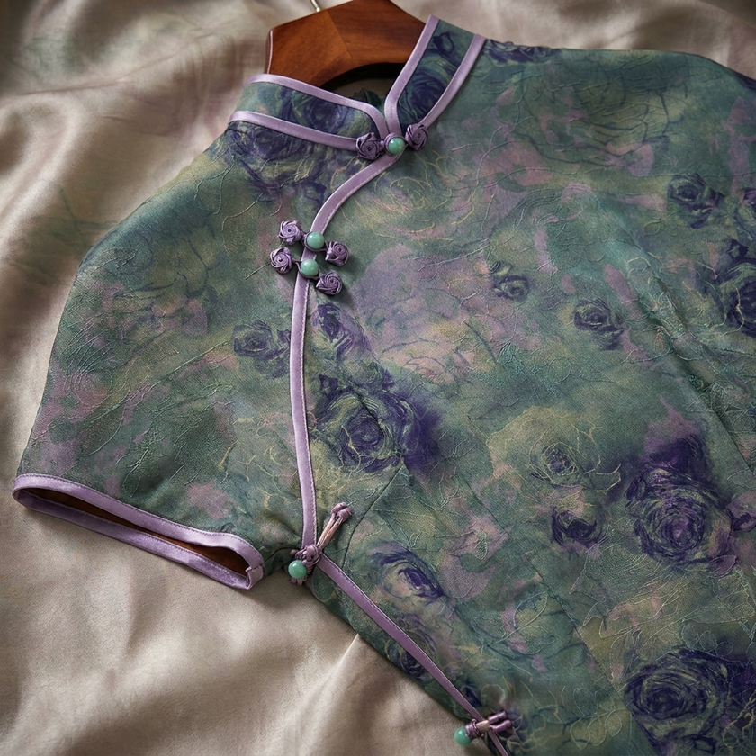 100% Mulberry Silk Xiangyunsha Dark Green Purple Rose Short Sleeve Qipao Dress | LUXE ORIENTA - Luxe Orienta CO., LIMITED