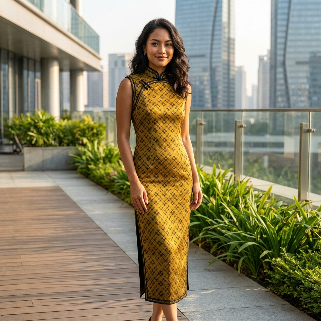 100% Mulberry Silk Xiangyunsha Mustard Black Check Sleeveless Qipao Dress | LUXE ORIENTA - Luxe Orienta CO., LIMITED