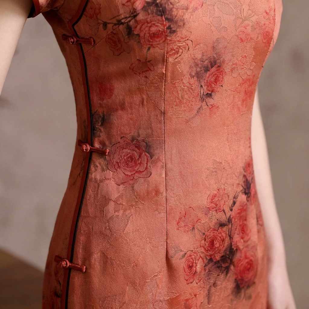 100% Mulberry Silk Xiangyunsha Rust Red Floral Print Short Sleeve Qipao Dress | LUXE ORIENTA - Luxe Orienta CO., LIMITED
