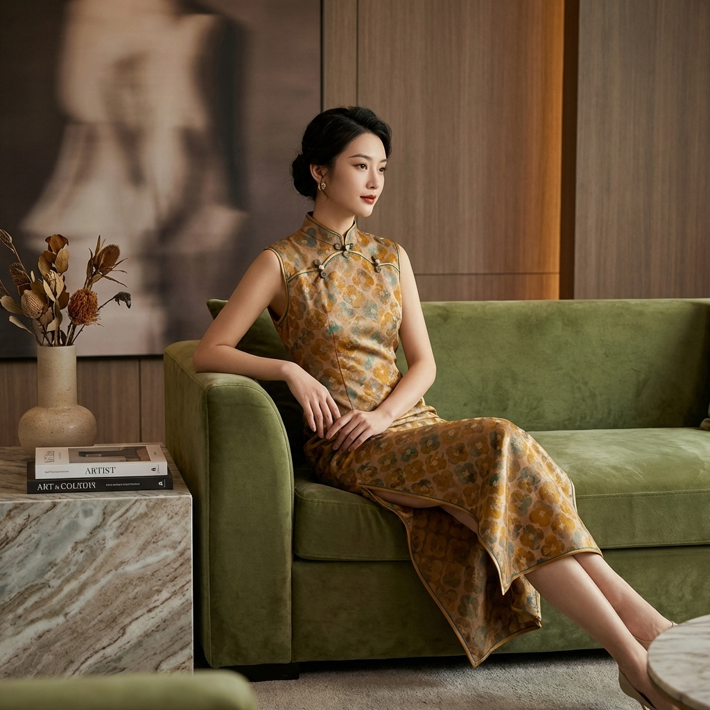 Warm Brown Mulberry Silk Xiangyunsha Qipao | Floral Sleeveless Neo-Chinese Dress - LUXE ORIENTA - Luxe Orienta CO., LIMITED