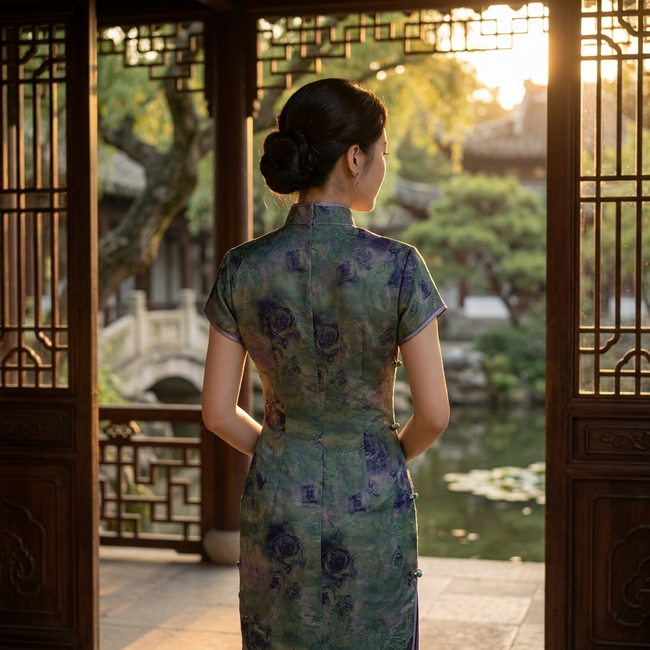 100% Mulberry Silk Xiangyunsha Dark Green Purple Rose Short Sleeve Qipao Dress | LUXE ORIENTA - Luxe Orienta CO., LIMITED