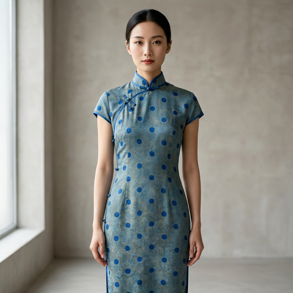 Grey-Blue Polka Dot Xiangyunsha Qipao | 100% Mulberry Silk Flower-Lo Jacquard Cheongsam - LUXE ORIENTA - Luxe Orienta CO., LIMITED