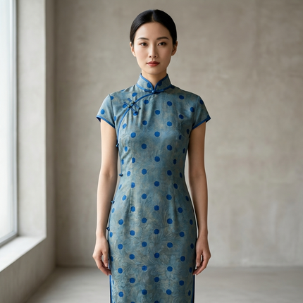 Grey-Blue Polka Dot Xiangyunsha Qipao | 100% Mulberry Silk Flower-Lo Jacquard Cheongsam - LUXE ORIENTA - Luxe Orienta CO., LIMITED