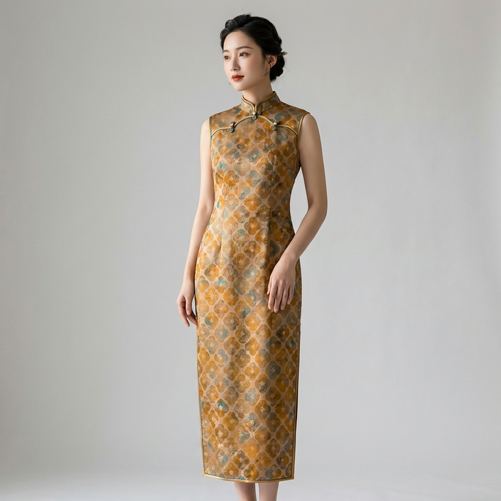 Warm Brown Mulberry Silk Xiangyunsha Qipao | Floral Sleeveless Neo-Chinese Dress - LUXE ORIENTA - Luxe Orienta CO., LIMITED