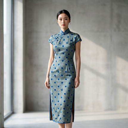 Grey-Blue Polka Dot Xiangyunsha Qipao | 100% Mulberry Silk Flower-Lo Jacquard Cheongsam - LUXE ORIENTA - Luxe Orienta CO., LIMITED
