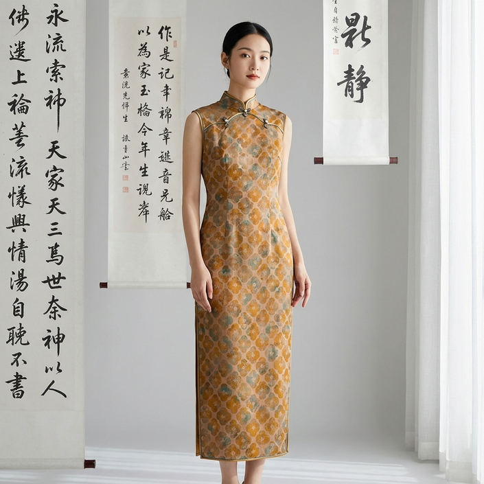 Warm Brown Mulberry Silk Xiangyunsha Qipao | Floral Sleeveless Neo-Chinese Dress - LUXE ORIENTA - Luxe Orienta CO., LIMITED