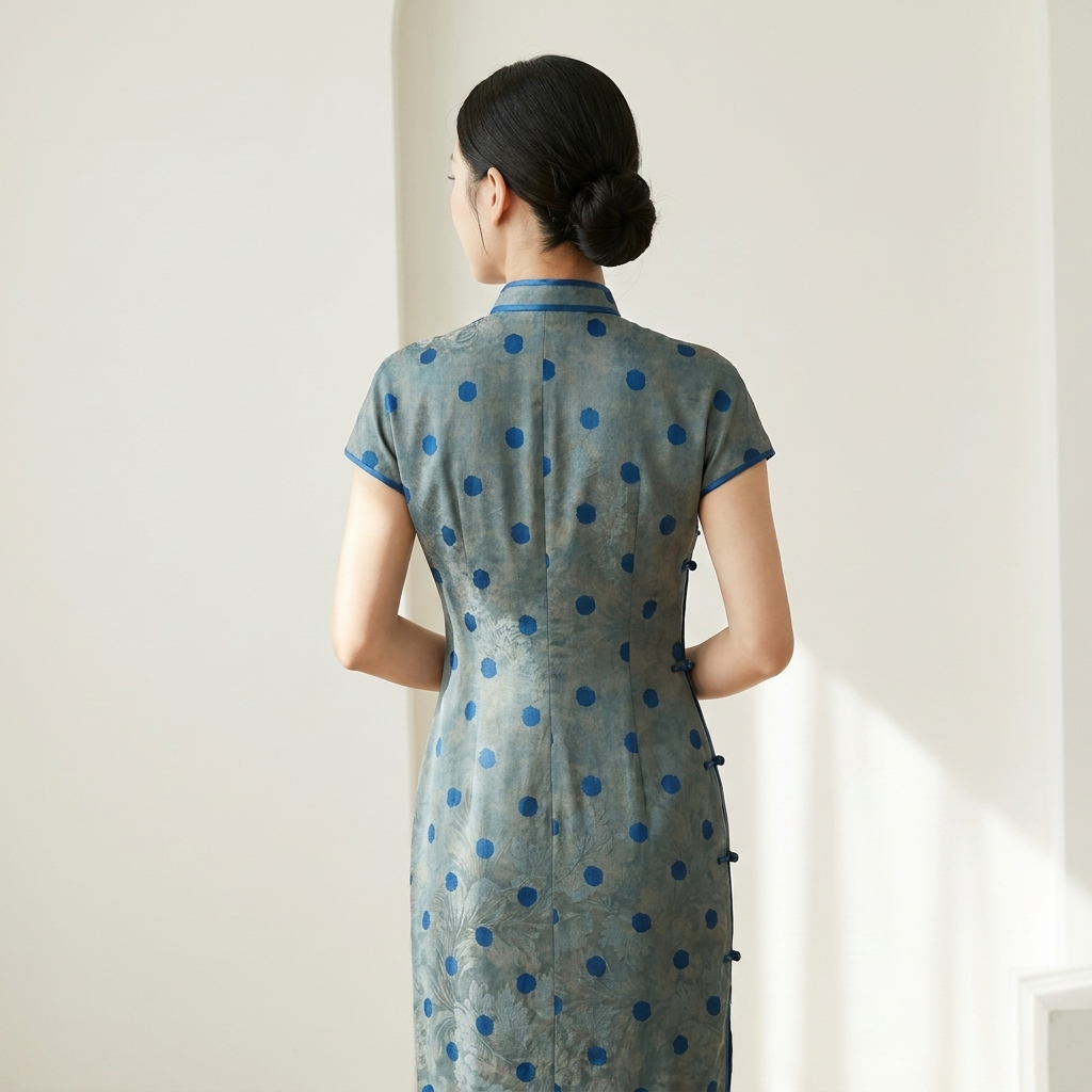 Grey-Blue Polka Dot Xiangyunsha Qipao | 100% Mulberry Silk Flower-Lo Jacquard Cheongsam - LUXE ORIENTA - Luxe Orienta CO., LIMITED