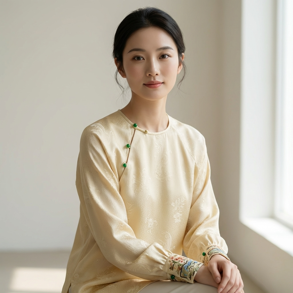 Beige Apricot Silk Phoenix Jacquard Oriental Blouse with Frog Buttons | 100% Mulberry Silk Top for Mamian Skirt Styling - Luxe Orienta CO., LIMITED