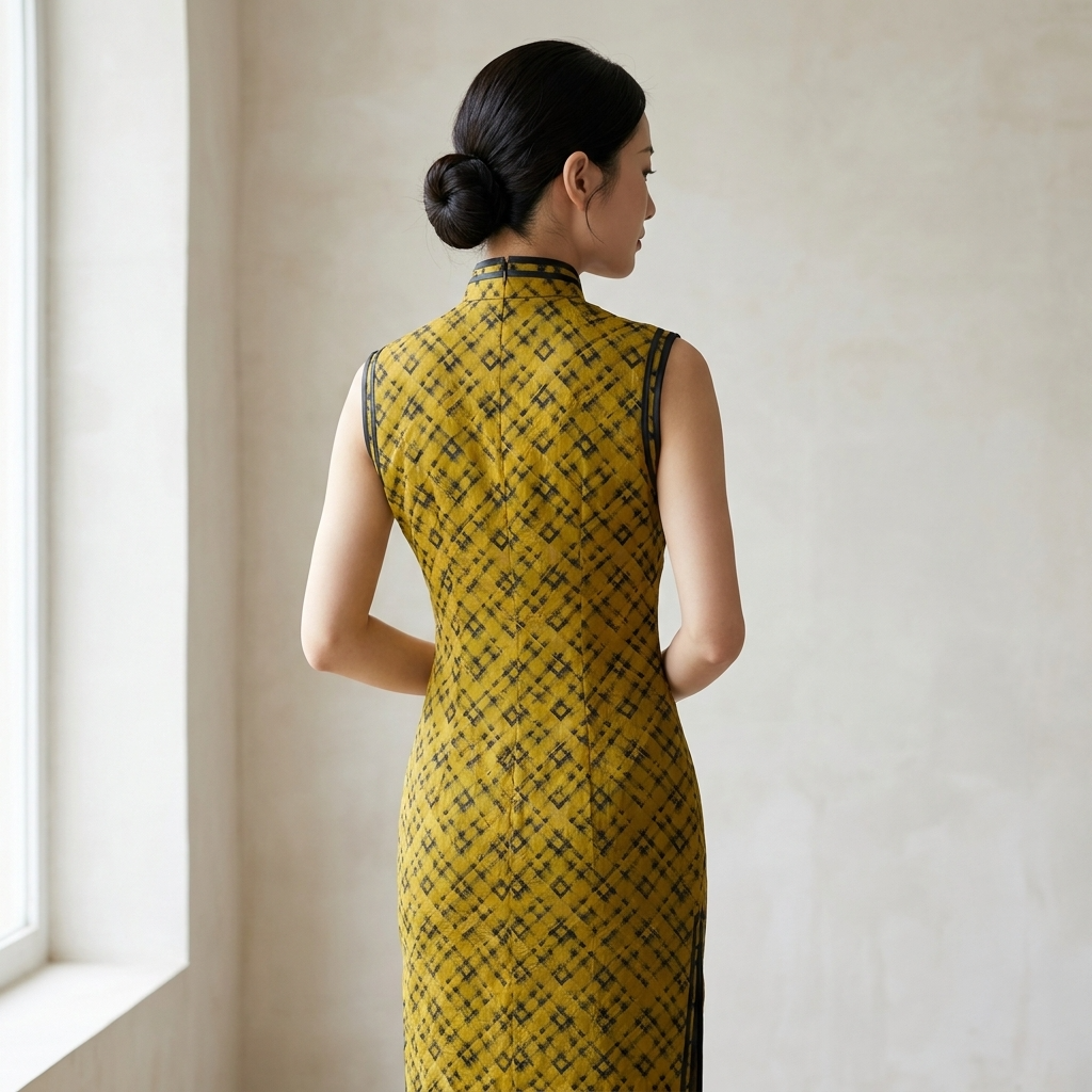 Woman wearing a yellow patterned qipao back view