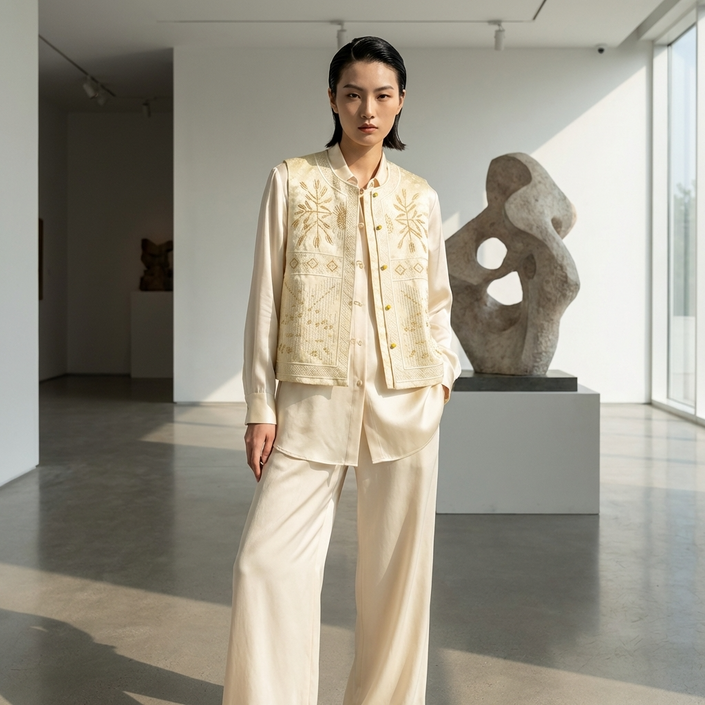 Woman in a beige embroidery vest standing in an art gallery with a sculpture in the background