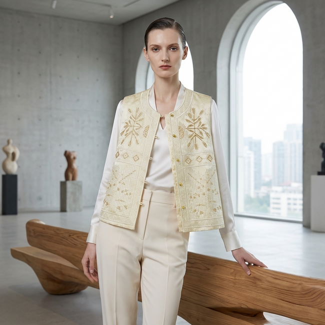 Woman in a beige vest with intricate patterns standing in a modern room with large windows.