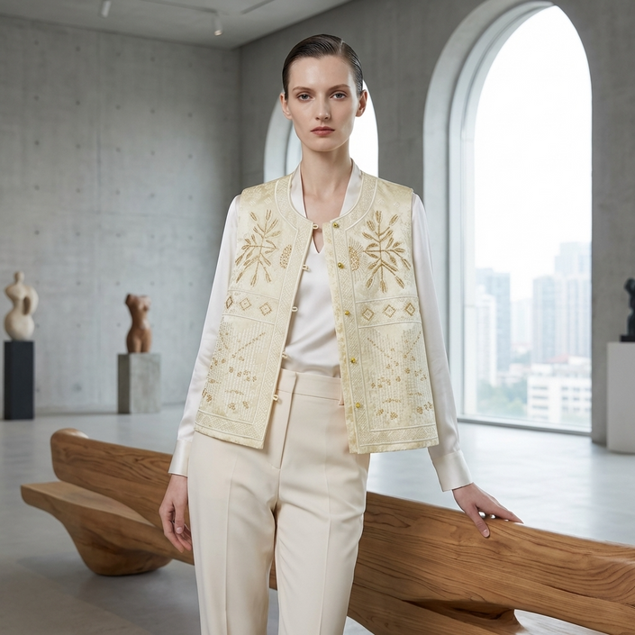 Woman in a beige vest with intricate patterns standing in a modern room with large windows.