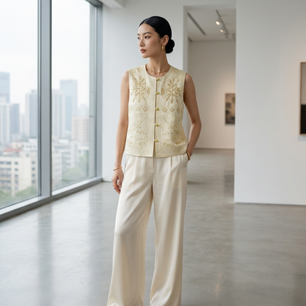 Woman wearing a beige embroidered vest and pants in a modern indoor setting with large windows.