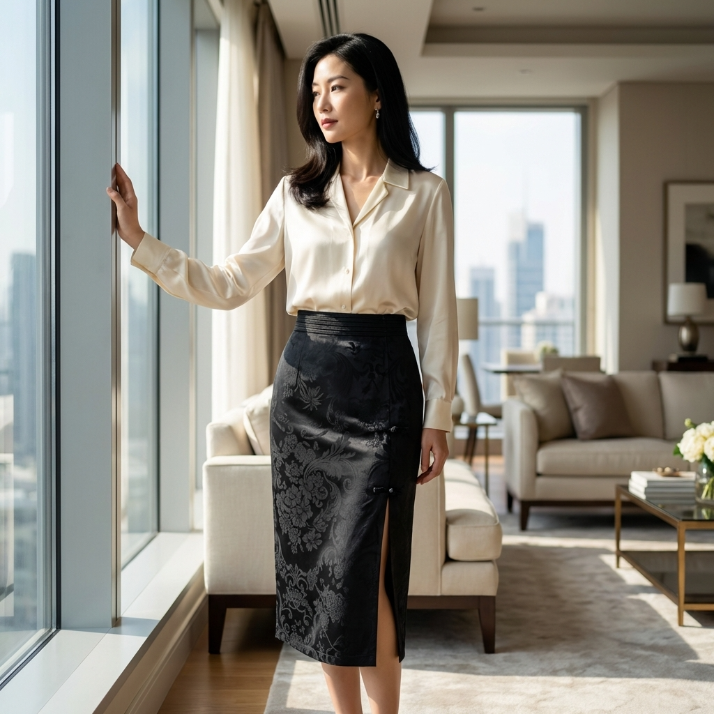 Woman wearig a silk blouse with  a black jacquard rayon skirt standing in a modern living room with cityscape view