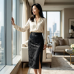 Woman wearig a silk blouse with  a black jacquard rayon skirt standing in a modern living room with cityscape view