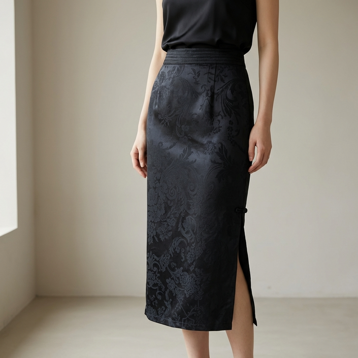 Person wearing a black jacquard skirt in a minimalistic setting