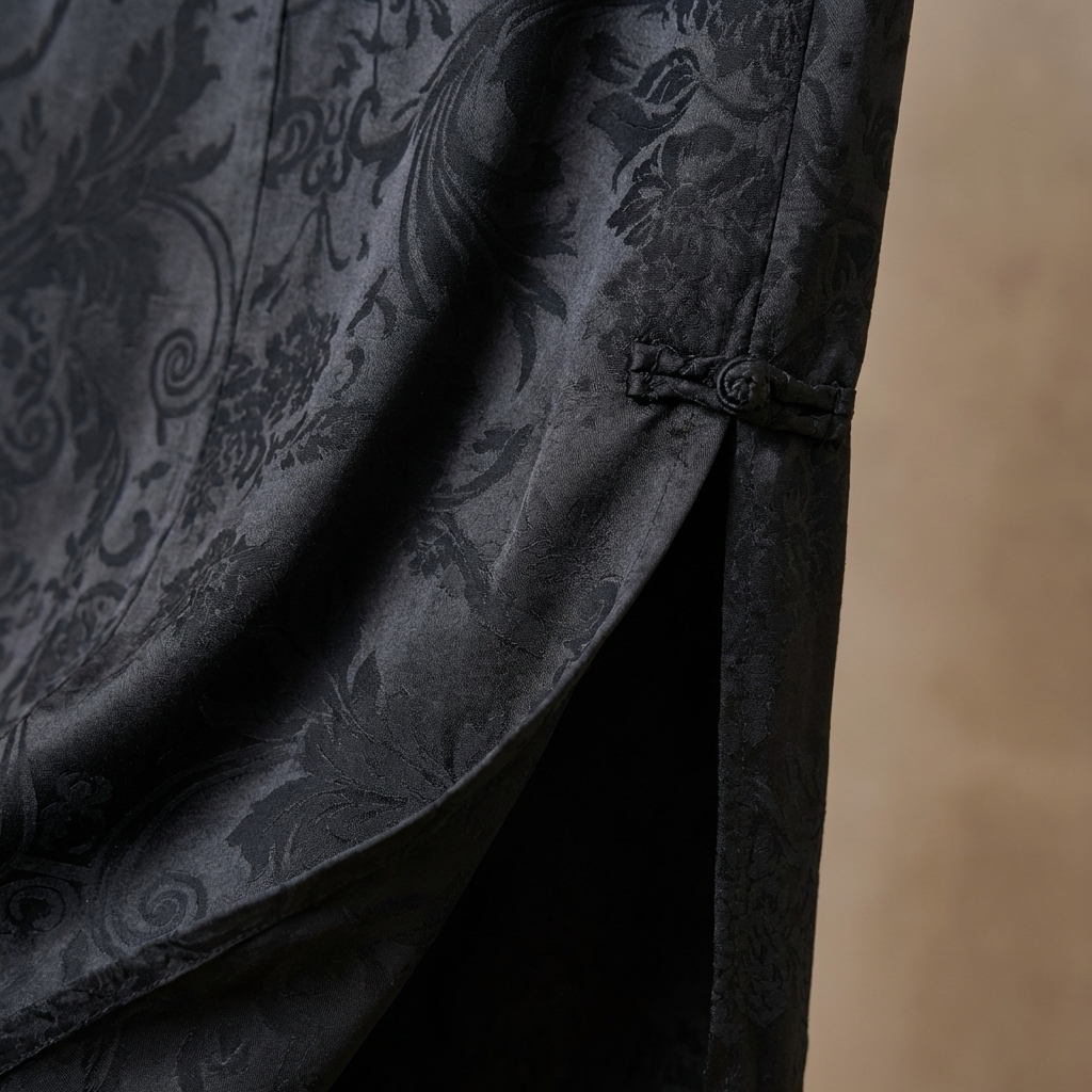Black Jacquard fabric with intricate floral pattern close-up