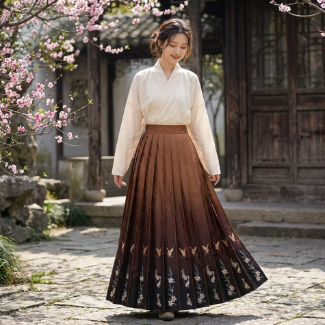 Woman in traditional  ma mian skirt standing in a garden with cherry blossoms
