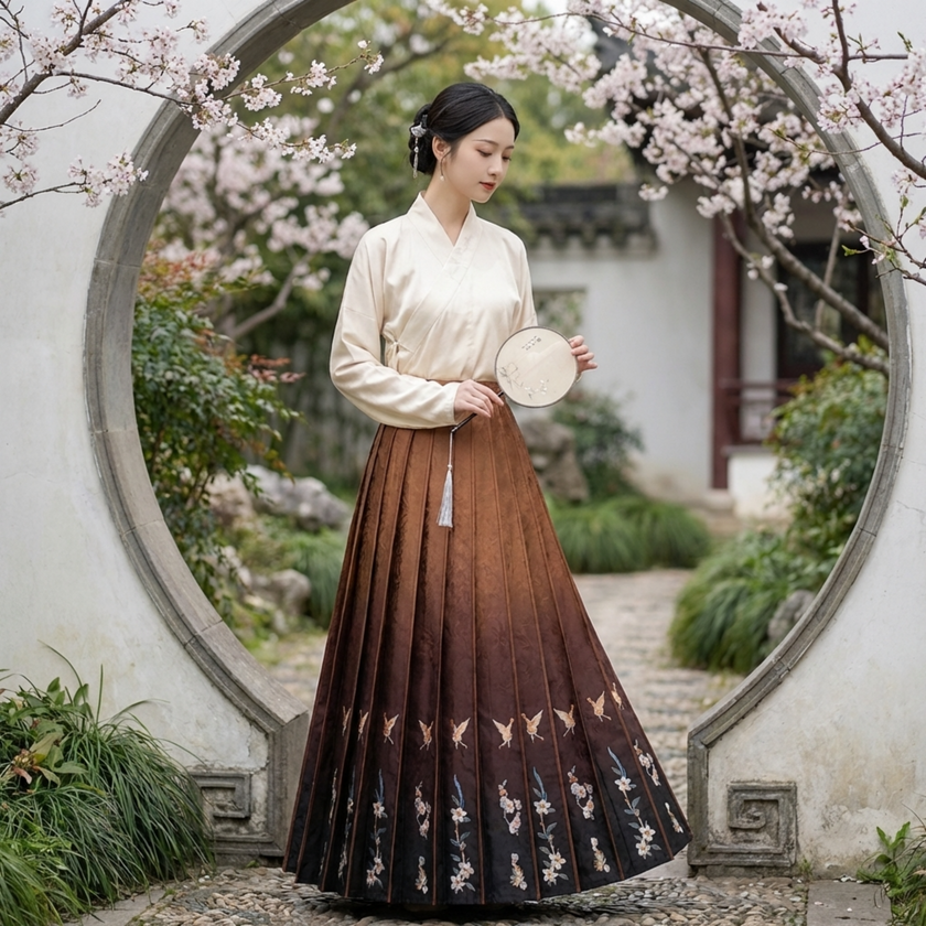 Woman in traditional horse face skirt standing in a garden with cherry blossoms