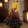 Woman wearing a yellow blouse and brown embroidered ma mian  qun skirt in an indoor setting.