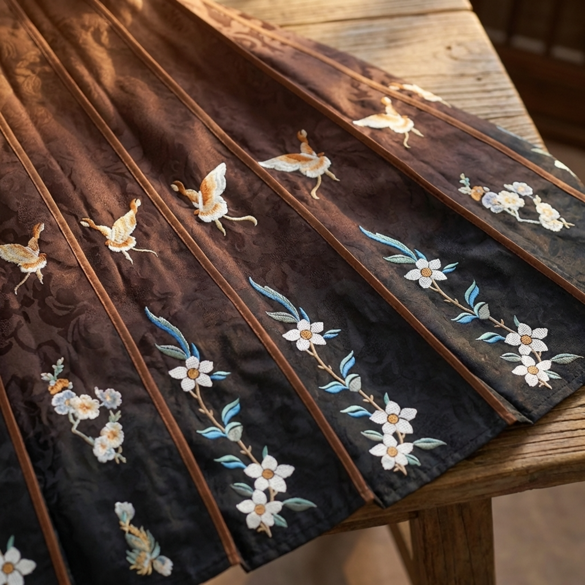 Embroidered fabric with floral and bird patterns on a wooden surface