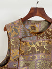 Brown  Mulberry Silk Patchwork vest with elephant design frog button detail from Luxe Orienta
