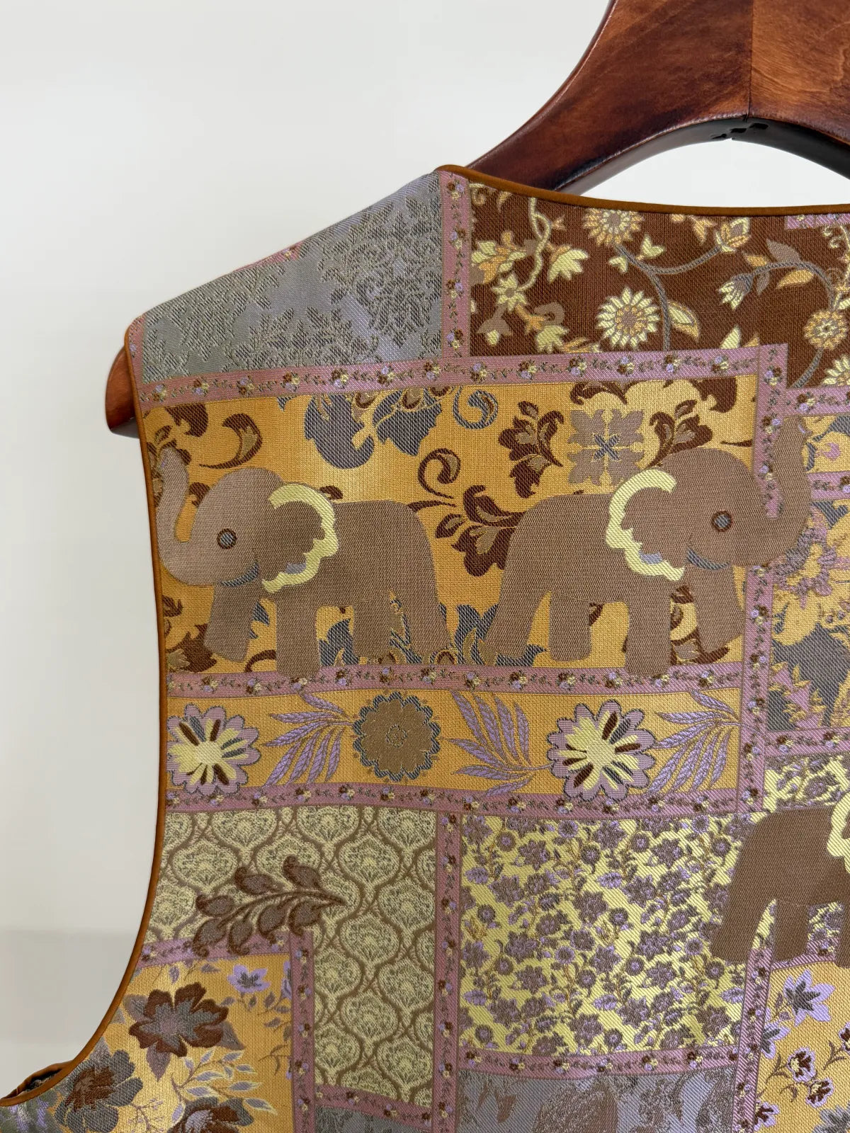  Close up of the Elephant Motif of the Song Brocade Mulberry Silk Patchwork Vest from Luxe Orienta 