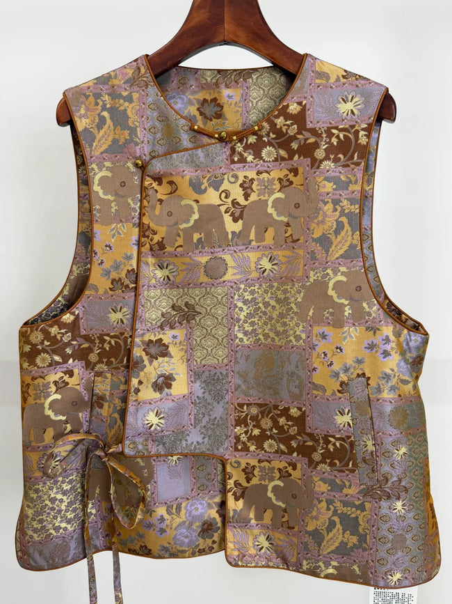 Song Brocade Mulberry Silk Patchwork Vest with Elephant Motif from Luxe Orienta 