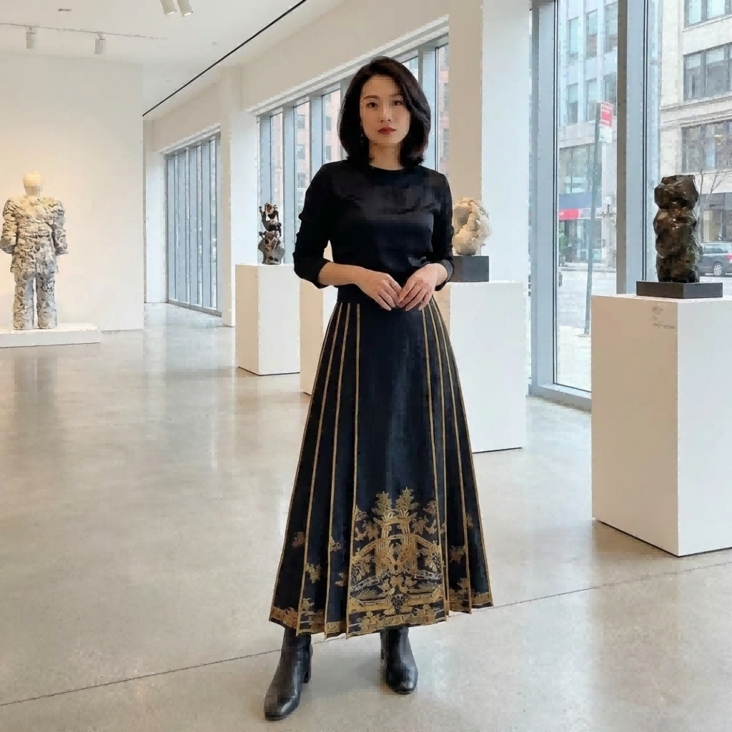 Woman in a black top and patterned horse face skirt standing in an art gallery.