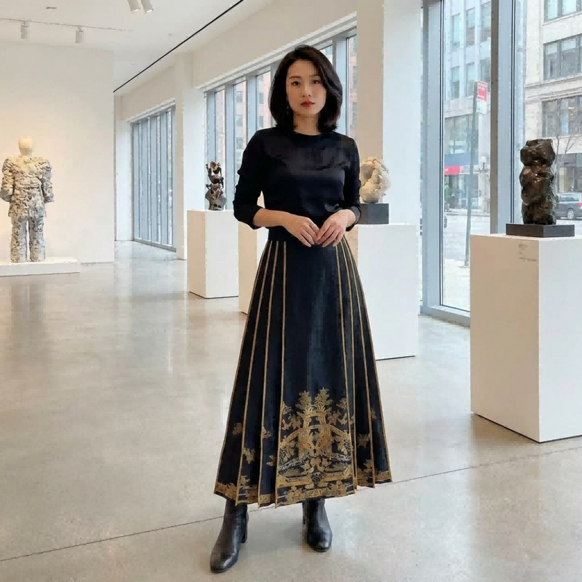 Woman in a black top and patterned horse face skirt standing in an art gallery.