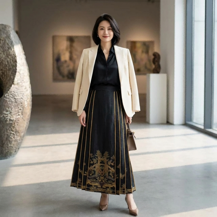 Woman in a stylish outfit matching a black embroidered ma mian skirt standing in a modern indoor setting with large windows.