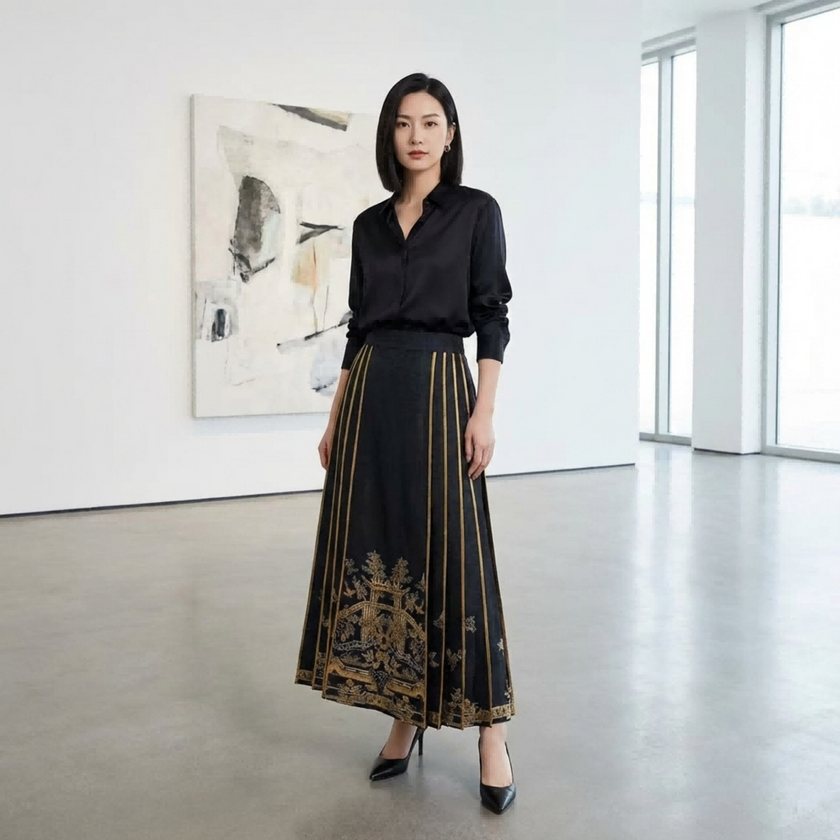 Woman in a black blouse and maxi black mamian skirt with gold embroidery standing in a modern room.