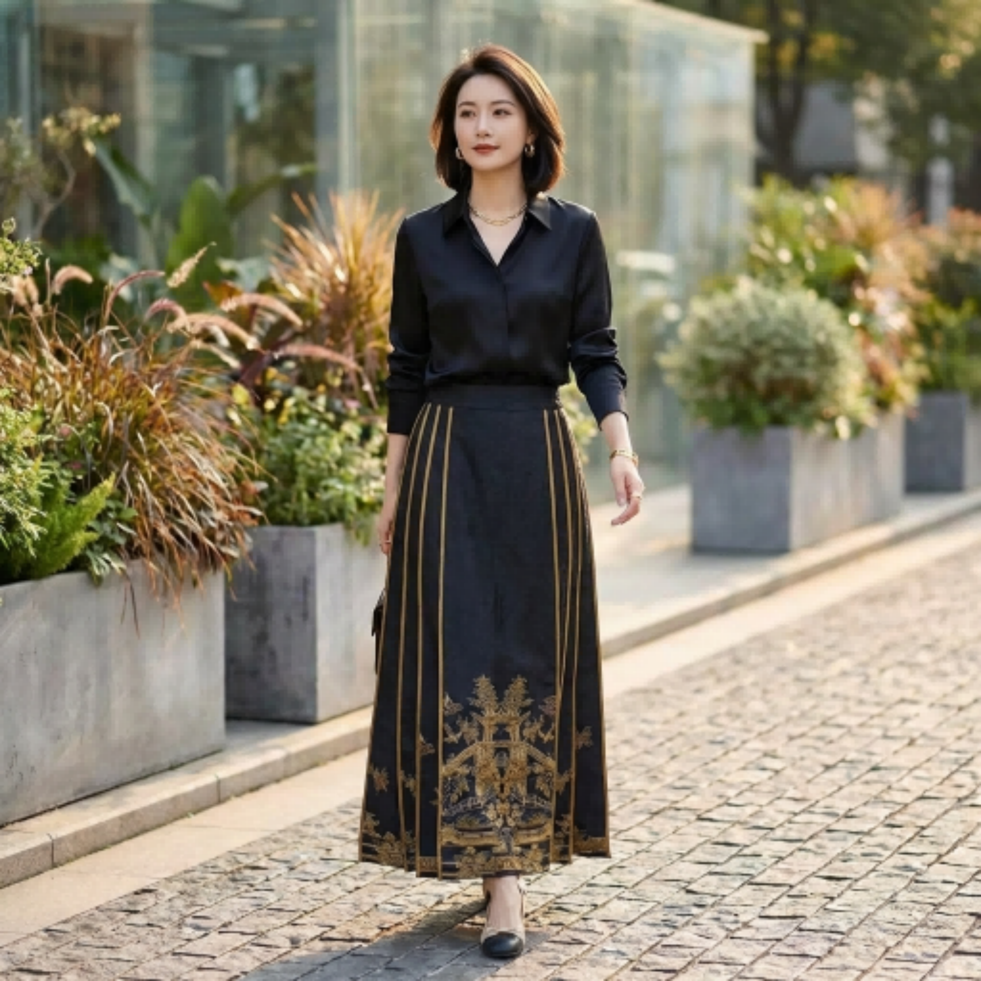 Woman in black blouse and gold patterned mamian skirt walking outdoors with plants in the background