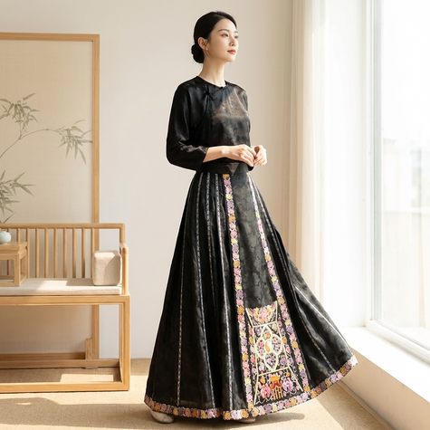 black ma mian skirt with floral embroidery  over look
