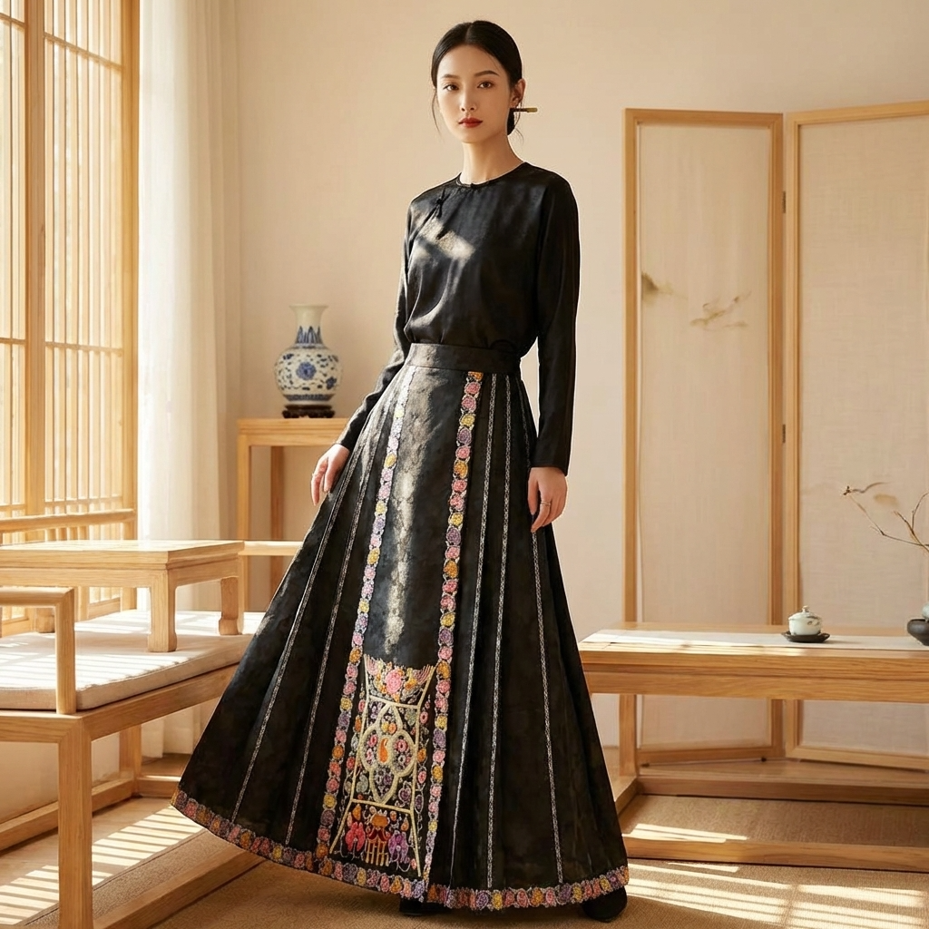 Embroidered horse face dress with black blouse