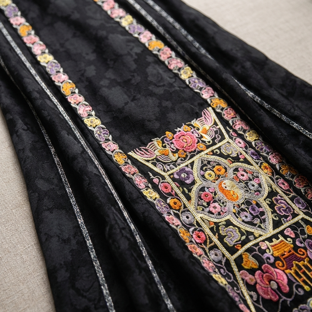 Close-up of black fabric with colorful embroidery 
