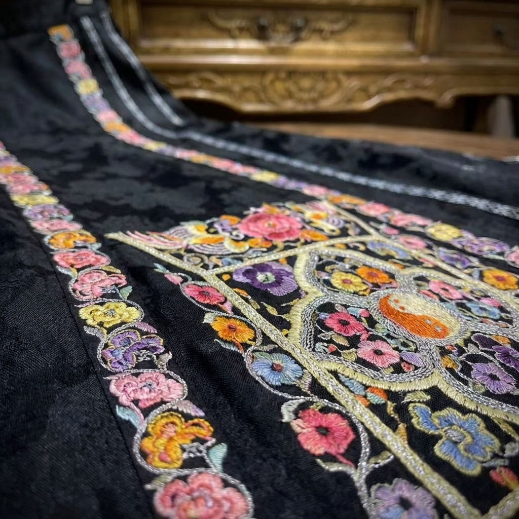 Close-up of a black fabric with colorful floral embroidery 