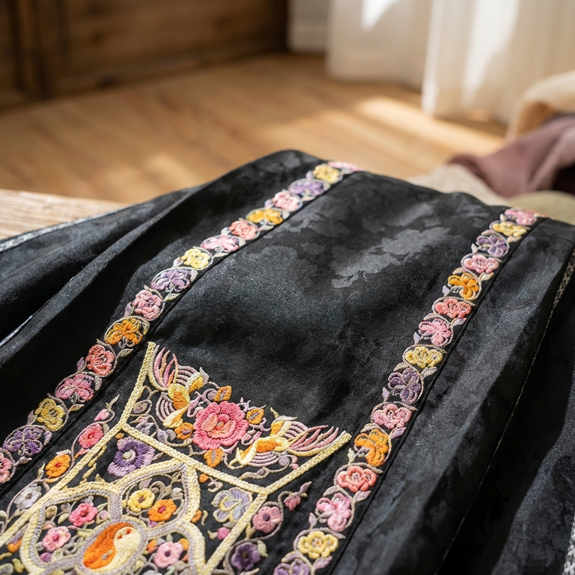 embroidery details close-up of the horse face skirt