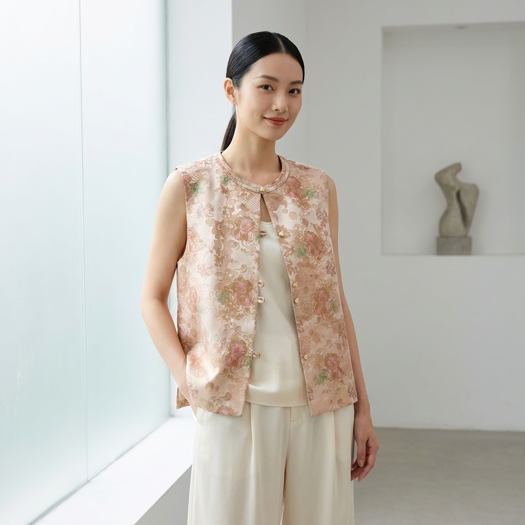 Woman wearing a floral  jacquard vest in a minimalistic room.