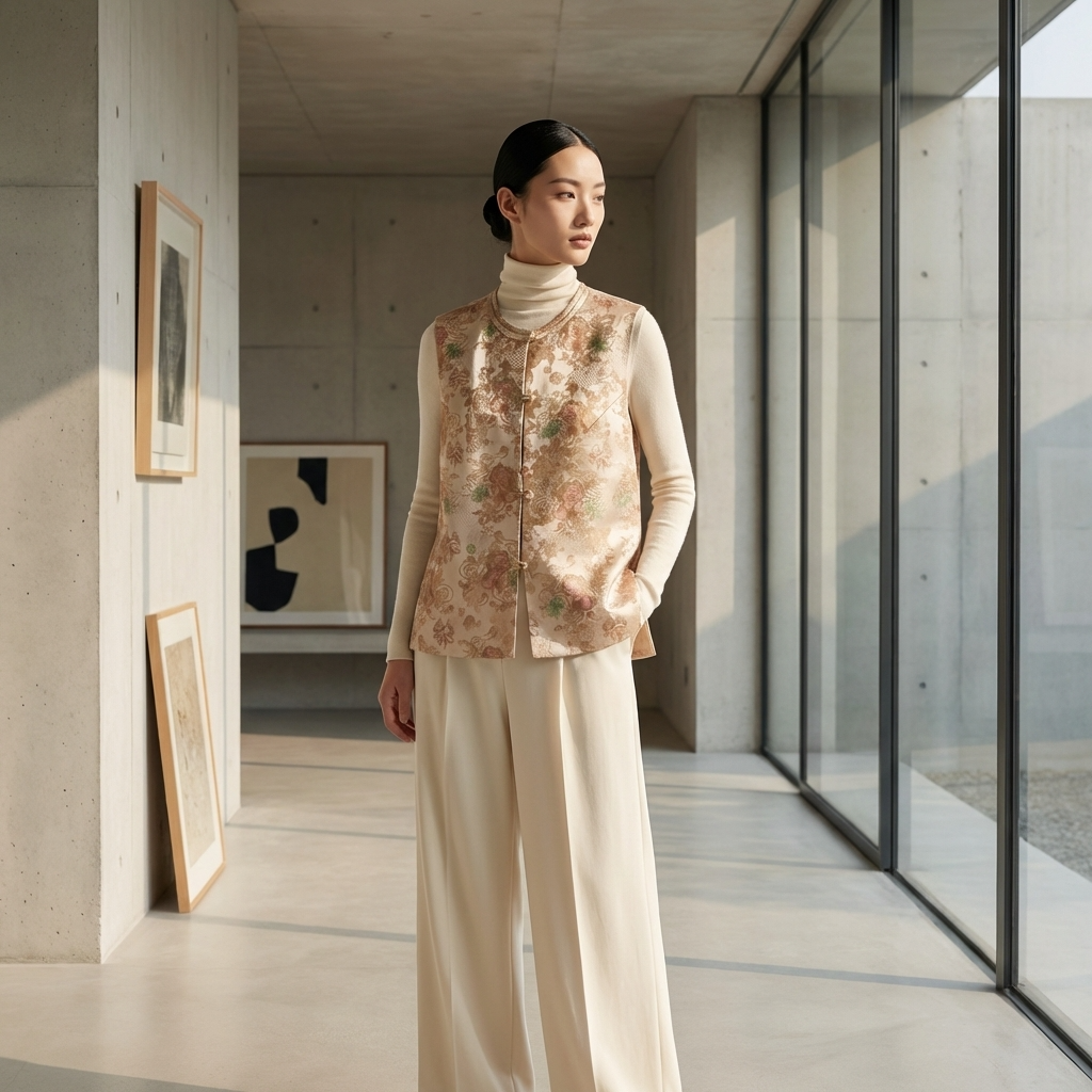 Woman wearing a floral vest and beige pants in a modern room with large windows.