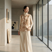 Woman wearing a floral vest and beige pants in a modern room with large windows.