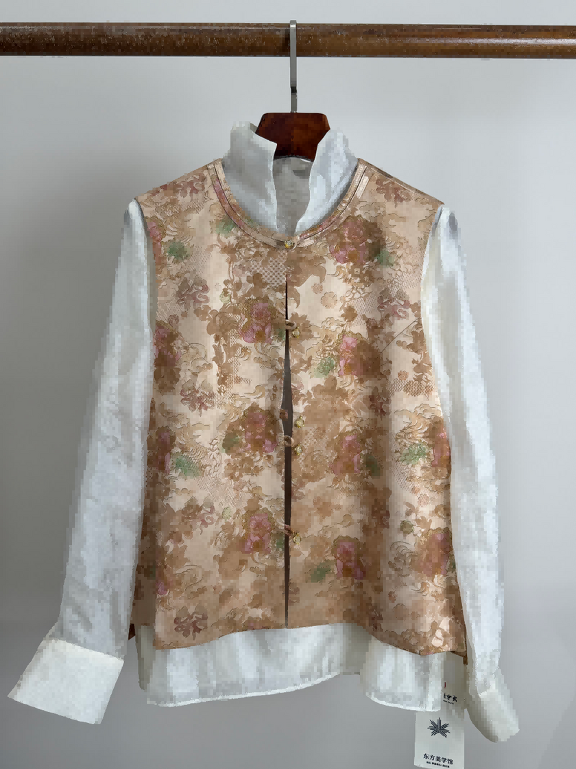 Beige Chinese Style Vest  layering with a white blouse